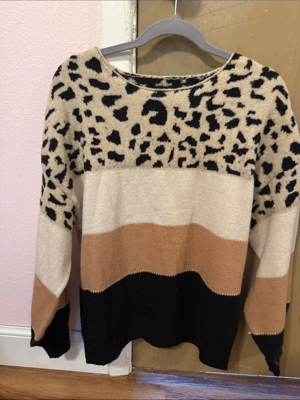 Cozy Leopard-Stripe Colorblock Sweater - Cream, Tan & Black